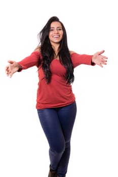 Studio shot of a beautiful woman offering a hug