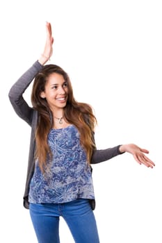 Young beautiful woman presenting your product, isolated over white background