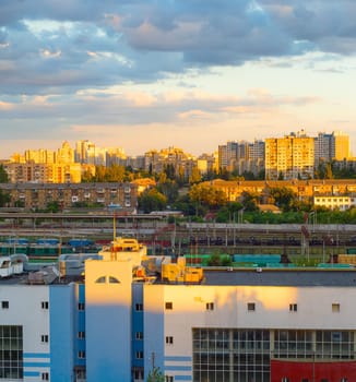 Skyline of Kyiv living districts at sunset. Ukraine
