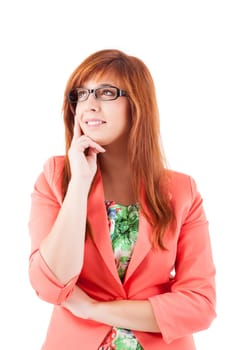 Nice young woman with red hair posing on white background