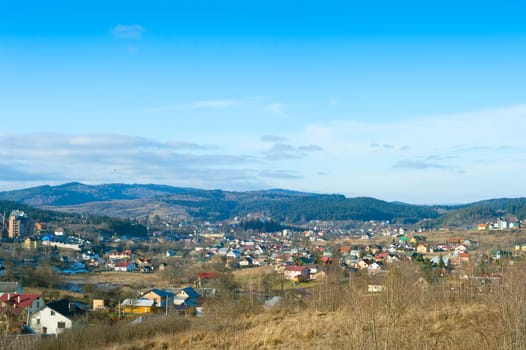 Winter landscape with Carpathians mountains village. Skhidnytsya, Ukraine
