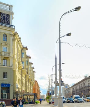 MINSK, BELARUS - JULY 17, 2019:People walking by central street - Independence avenue. Independence Avenue is the main street of Minsk, the capital of Belarus
