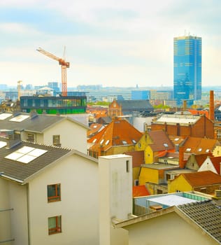 Skyline of Brussels with Old Town and construction site of modern buildings