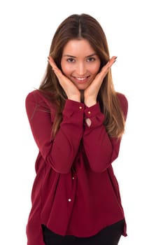 Surprised young woman isolated over white background