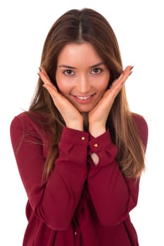 Surprised young woman isolated over white background