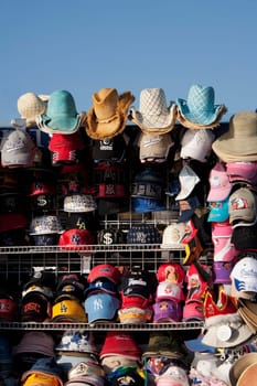 Caps at a market stall, Santa Monica, Los Angeles County, California, USA