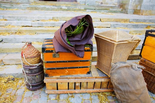 Wooden objects in front of steps
