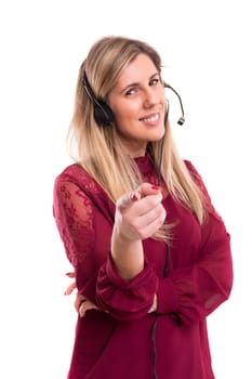 A friendly telephone operator smiling isolated over a white background