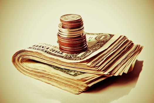 Close_up of a stack of coins on stack of US dollar bills