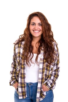 Happy overweighted woman posing isolated over white background