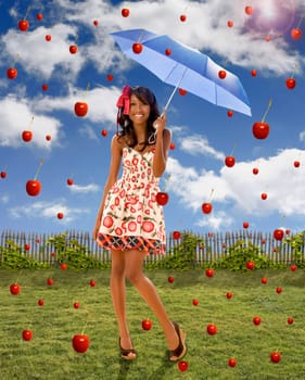 Young woman holding an umbrella under falling apples
