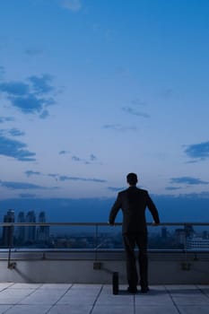 Rear view of a businessman holding a railing