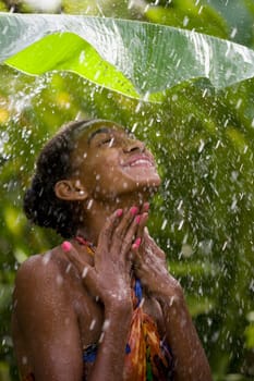 Close_up of a woman enjoying rain shower
