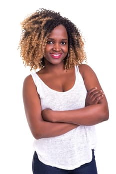 Beautiful young african woman posing isolated over white