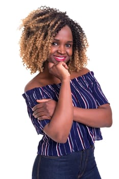 Beautiful young african woman posing isolated over white