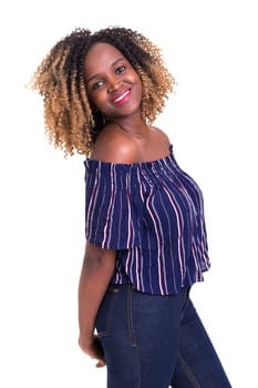 Beautiful young african woman posing isolated over white