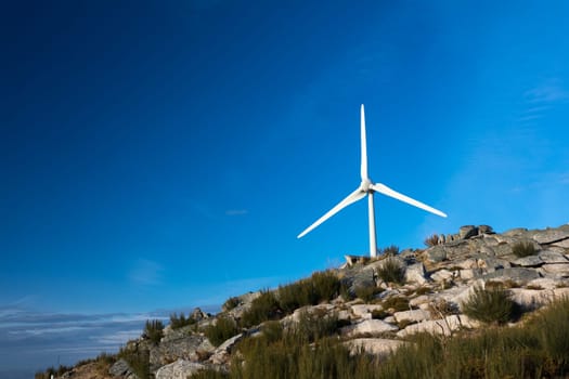 Wind energy turbines, in a landscpae over a beautiful blue sky