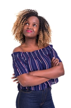Beautiful young african woman posing isolated over white