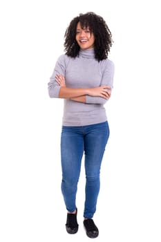Beautiful young african woman posing isolated over white