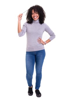 Beautiful young african woman posing isolated over white