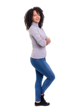 Beautiful young african woman posing isolated over white