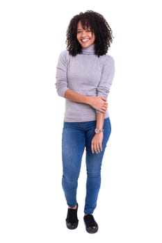 Beautiful young african woman posing isolated over white