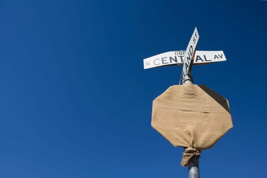 Low angle view of a covered road Sign, Phoenix, Maricopa County, Arizona, USA