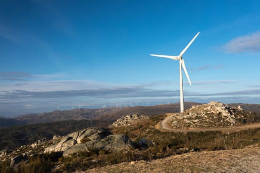 Wind energy turbines, in a landscpae over a beautiful blue sky