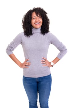 Beautiful young african woman posing isolated over white