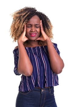 A worried young african woman, isolated over white