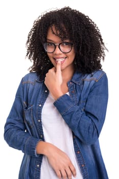 Beautiful young african woman posing isolated over white