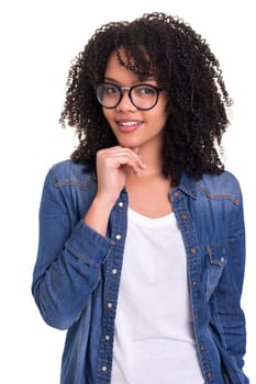 Beautiful young african woman posing isolated over white
