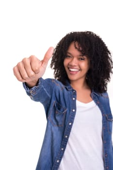 Beautiful young woman signaling ok, isolated over white