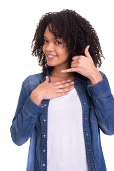 Happy young african woman student making "call me"" sign with hand"