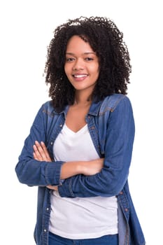 Beautiful young african woman posing isolated over white