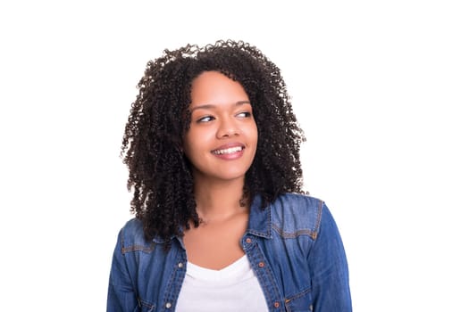 Beautiful young african woman posing isolated over white