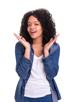 A very surprised woman, isolated over a white background