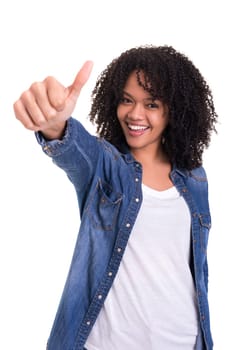 Beautiful young woman signaling ok, isolated over white