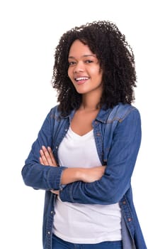 Beautiful young african woman posing isolated over white
