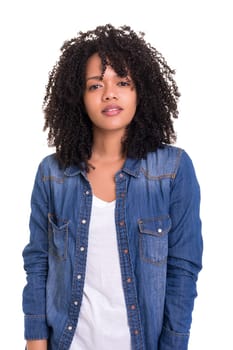 Beautiful young african woman posing isolated over white