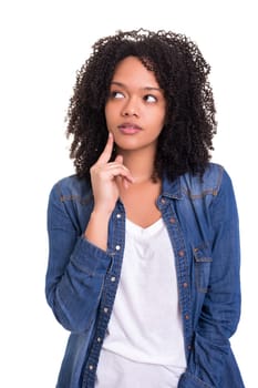 Studio shot: Young woman having a great idea