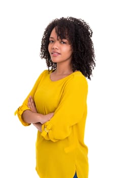 Beautiful young african woman posing isolated over white