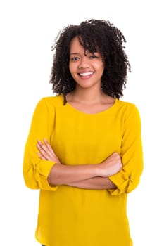 Beautiful young african woman posing isolated over white