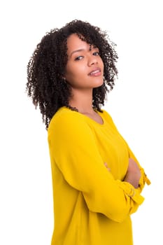Beautiful young african woman posing isolated over white