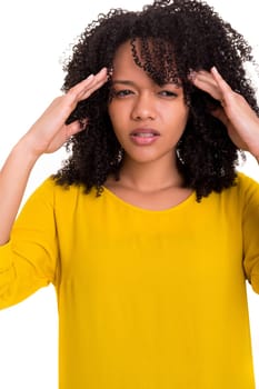 A worried young african woman, isolated over white
