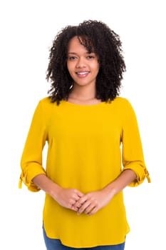 Beautiful young african woman posing isolated over white