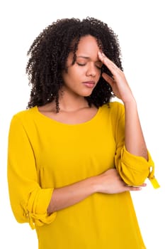 A worried young african woman, isolated over white