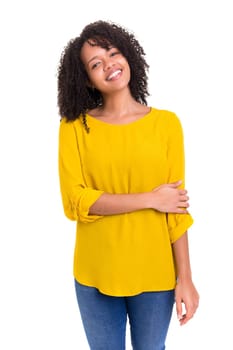 Beautiful young african woman posing isolated over white