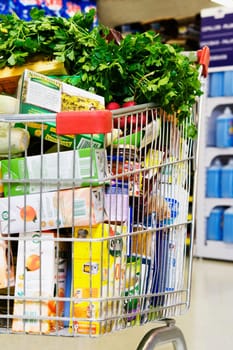 Close_up of a shopping cart loaded with grocery