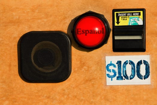 Close_up of a self service payment machine with Spanish translator, Santa Monica, Los Angeles County, California, USA